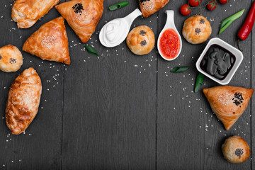 Assorted Uzbek food set, pilaf, samsa, lagman, manta, shurpa Uzbek restaurant concept, Uzbek