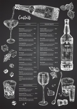 Cocktail bar menu design template set in retro style Isolated on on black chalckboard background. Hand drawn glass and bottle champagne. Vintage wine card. Alcohol beverage symbol.