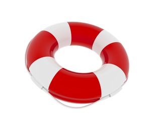 Life buoy - 3d render illustration. Equipment for lifeguards. Element for lifeguard day poster. Lifebuoy isolated on white background. Red and white color rubber ring