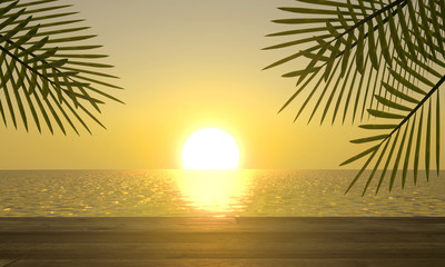 Palm leaves, sunset over water at pier. Setting sun over the horizon. View from tropical beach island. Palm trees Silhouette against sunset ocean. 3d illustration for travel agencies leisure promotion