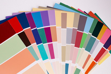 Color palette with various samples. Light background. Paint selection cards, close-up.