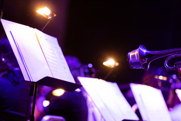 Two trumpet bells with cup mutes playing music from a music stand with attached lighting that gives...