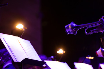 Two trumpet bells with cup mutes playing music from a music stand with attached lighting that gives...