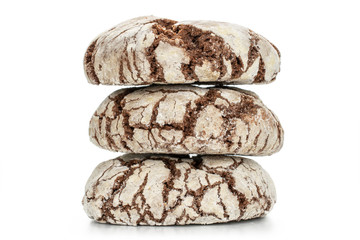 Group of three whole baked chocolate brownie cookie tower isolated on white background