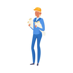 Woman builder holding rolled documents in hands vector illustration