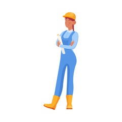 Woman builder in boots holding rolled document vector illustration