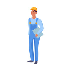 Man builder in jumpsuit holding documents in hands vector illustration