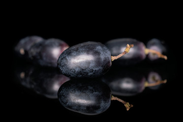 Group of five whole fresh black grape isolated on black glass