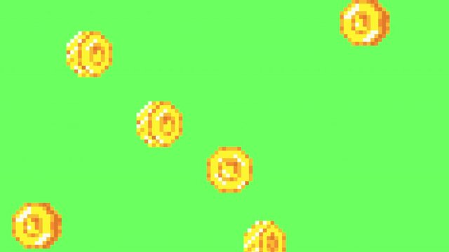 Rain from the golden coins. Pixel art. Retro game style. Alpha channel. 4K resolution.