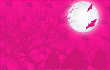 Fototapeta na wymiar Plastic pink Landscape with trees, big moon and bats on abstract background