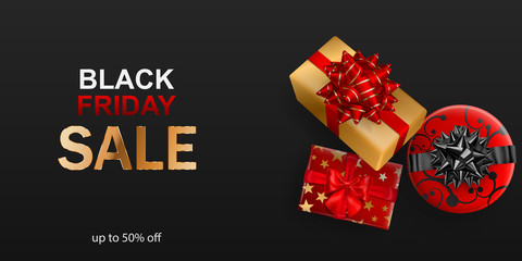 Black Friday sale banner. Gift box with bow and ribbons on dark background. Vector illustration for posters, flyers or cards.