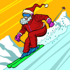 Skier day rides from the mountain Santa Claus character merry Christmas and happy new year