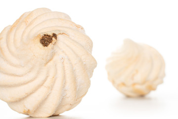 Group of two whole apricot fresh pastel zefir front focus isolated on white background