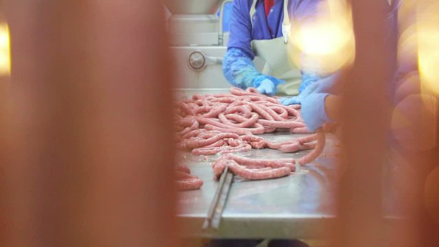 A look at the work because of the sausage hanging in the foreground. The foreground is blurred. Production of small hunting sausages of wild boars. Workers strung small sausages on the shelves