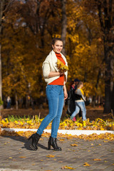 Fototapeta premium Young beautiful woman in blue jeans posing in autumn park