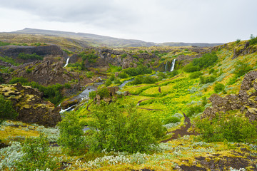 Fototapeta na wymiar Gjain Valley in Iceland on a Rainy Day in Spring