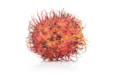 One whole unpeeled fresh red rambutan isolated on white background