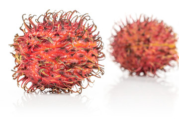 Group of two whole fresh red rambutan isolated on white background