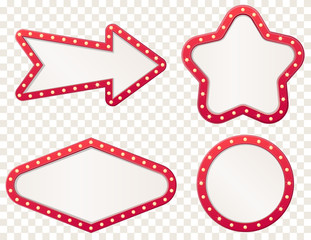 Arrow marquee light board sign. Retro frame arrows with bulb lamps.Vector