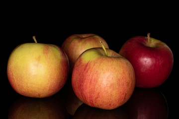 Group of four whole in row red apple jonagold isolated on black glass