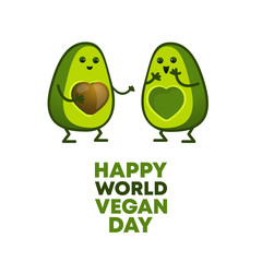 World Vegetarian Day Poster. Funny happy cute happy smiling couple of avocado. Vector illustration isolated on white background.