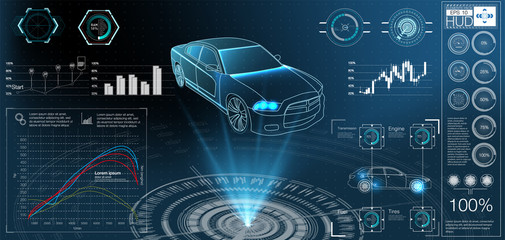 Futuristic car service, scanning and auto data analysis. Intelligent car banner. Futuristic isometric smart car and icons with machine benefits. Vector illustration