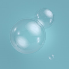 3d transparent bubbles, clear glass balls. Abstract clip art isolated on blue background. Clean style