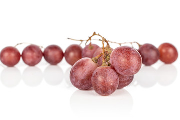 Lot of whole fresh purple grape rose in row isolated on white background