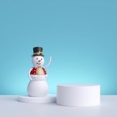 3d Christmas background with snowman standing on pedestal. Blank product display. Winter holiday commercial mockup with copy space.