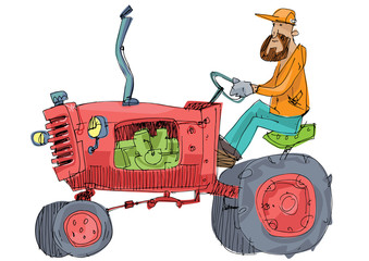 An bearded farmer is driving vintage obsolete farm tractor. Cartoon. Caricature.