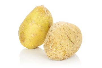 Group of two whole raw brown potato isolated on white background