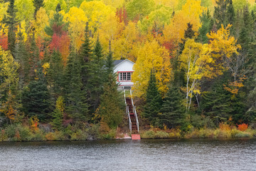 Cottage in the forest on the lake in Canada, during the Indian summer, beautiful colors of the trees in Charlevoix area