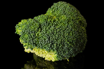 One whole fresh green broccoli isolated on black glass
