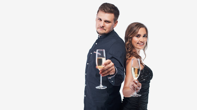 Portrait Of Young Couple In Elegant Evening Dress And Shirt Isolated On White.