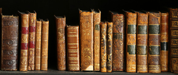 old books on wooden shelf