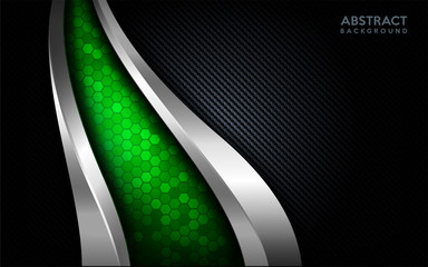 Modern abstract green tech with silver line and dark carbon background.