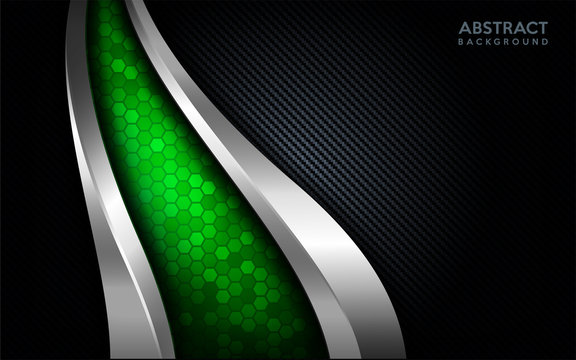 Modern Abstract Green Tech With Silver Line And Dark Carbon Background.