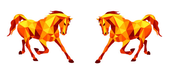 amber color, running stallion Pacer vector-isolated images on white background in low poly style