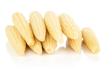 Group of nine whole baby yellow corn isolated on white background