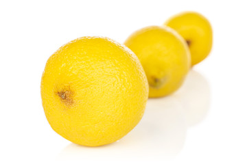 Group of three whole fresh yellow lemon in row isolated on white background
