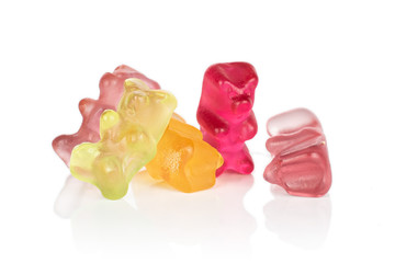 Group of five whole gummy bear isolated on white background