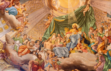 COMO, ITALY - MAY 8, 2015: The fresco of Glory of Christ the King in church Santuario del Santissimo Crocifisso by Gersam Turri (1927-1929). - obrazy, fototapety, plakaty