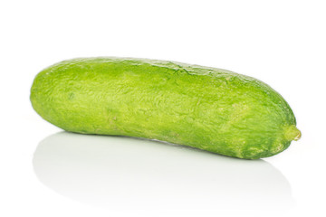 One whole mini green cucumber isolated on white background