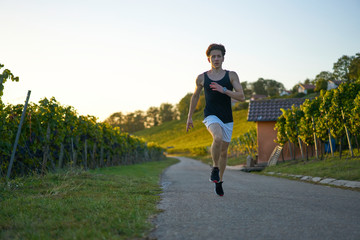 attractive young sporty man running in vineyard