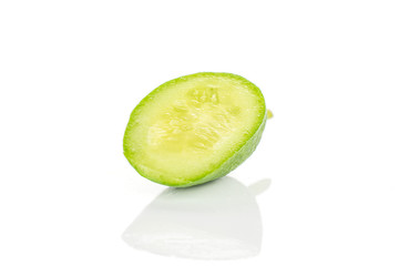 One piece of mini green cucumber front focus isolated on white background