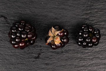 Group of three whole fresh black blackberry flatlay on grey stone