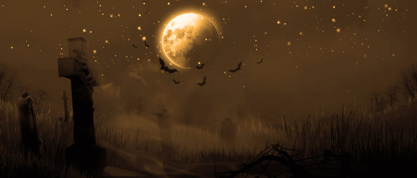 Halloween Motiv mit Vollmond auf dem Friedhof