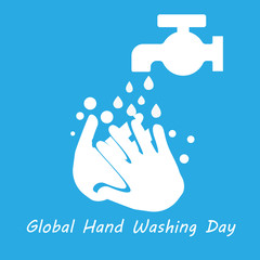 world hand washing day, two white hands with faucets on it that emit water, and with the inscription below it