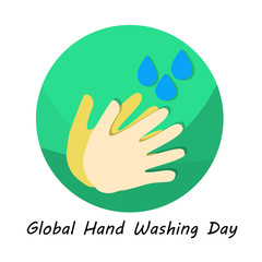 world hand washing day, two colored hands with drops of water on it, and with the inscription underneath, a green circle