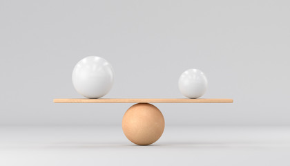 Wooden scales and two spheres on a white background. Small and big. 3d render illustration. - obrazy, fototapety, plakaty